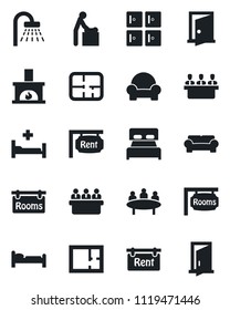 Set of vector isolated black icon - baby room vector, bed, shower, checkroom, meeting, hospital, plan, rent, rooms, bedroom, cushioned furniture, fireplace, door