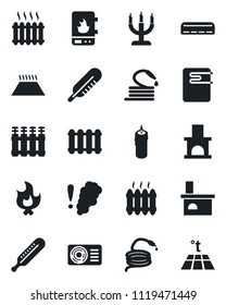 Set of vector isolated black icon - fire vector, hose, fireplace, thermometer, heater, air conditioner, candle, water, smoke detector, radiator, warm floor