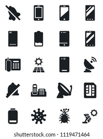 Set of vector isolated black icon - satellite antenna vector, mobile phone, virus, cell, low battery, back, sim, mute, office, sun panel