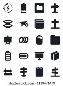 Set of vector isolated black icon - signpost vector, notepad, presentation board, wheelbarrow, battery, low, folder, charge, blank box, plates, guidepost
