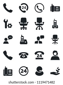 Set of vector isolated black icon - 24 around vector, office chair, phone, hours, support, speaker, radio, call, root setup, palm sproute