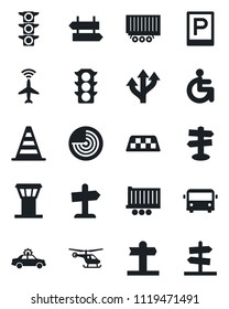 Set of vector isolated black icon - airport tower vector, plane radar, taxi, bus, parking, signpost, alarm car, border cone, helicopter, disabled, route, traffic light, truck trailer, guidepost