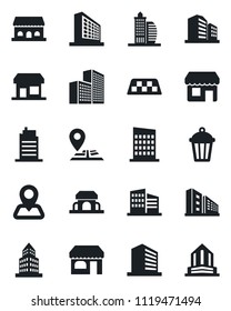 Set of vector isolated black icon - taxi vector, shop, office building, garden light, navigation, city house, cafe, storefront