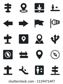 Set of vector isolated black icon - elevator vector, escalator, signpost, right arrow, left, wind, route, pin, download, place tag, compass, flag, guidepost