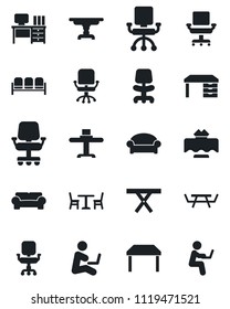 Set of vector isolated black icon - cafe vector, waiting area, office chair, desk, picnic table, cushioned furniture, restaurant, man with notebook