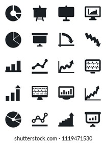 Set of vector isolated black icon - growth statistic vector, presentation board, crisis graph, circle chart, monitor pulse, statistics, bar, pie, point