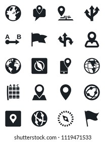 Set of vector isolated black icon - seat map vector, route, navigation, earth, pin, mobile tracking, network, place tag, compass, flag