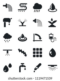 Set of vector isolated black icon - crisis graph vector, watering, water drop, rain, drip irrigation, dropper, menu, supply, sprinkler