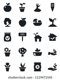 Set of vector isolated black icon - flower in pot vector, seedling, tree, sproute, plant label, fertilizer, fruit, salad, apple, eco house, palm