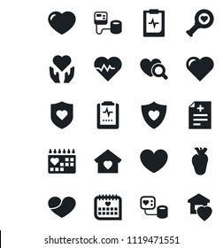 Set of vector isolated black icon - heart vector, pulse, diagnosis, blood pressure, diagnostic, shield, hand, real, medical calendar, clipboard, sweet home