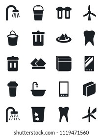 Set of vector isolated black icon - trash bin vector, shower, bucket, tooth, mobile, blank box, bathroom, serviette, water filter, windmill