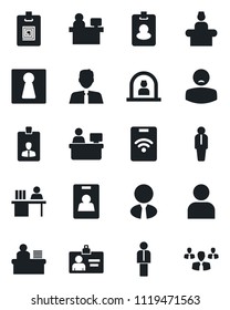 Set of vector isolated black icon - female vector, reception, manager, identity card, place, patient, user, desk, estate agent, pass, group