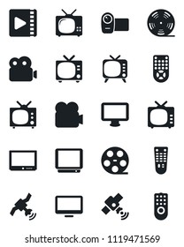 Set of vector isolated black icon - tv vector, reel, satellite, video camera, remote control, monitor