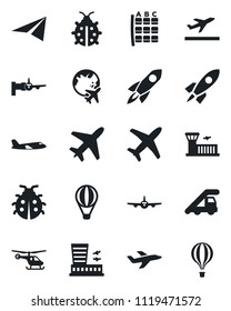 Set of vector isolated black icon - plane vector, departure, ladder car, boarding, helicopter, seat map, globe, airport building, lady bug, rocket, paper, air balloon