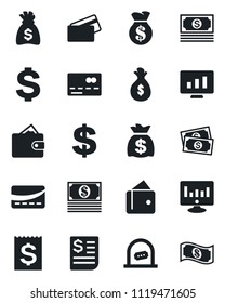 Set of vector isolated black icon - credit card vector, ticket office, dollar sign, money bag, statistic monitor, cash, receipt, wallet