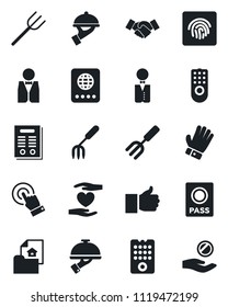 Set of vector isolated black icon - passport vector, handshake, garden fork, farm, glove, heart hand, touch screen, finger up, fingerprint id, contract, estate document, waiter, remote control