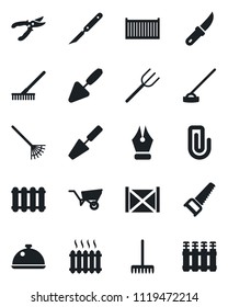 Set of vector isolated black icon - trowel vector, farm fork, rake, wheelbarrow, pruner, saw, hoe, garden knife, scalpel, cargo container, paper clip, ink pen, heater, dish, radiator