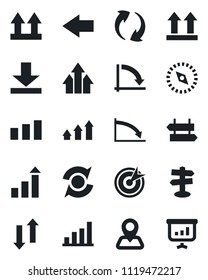 Set of vector isolated black icon - signpost vector, left arrow, growth statistic, crisis graph, navigation, up side sign, sorting, update, data exchange, download, compass, bar, target