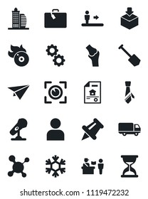 Set of vector isolated black icon - suitcase vector, passport control, escalator, job, molecule, joint, car delivery, package, flame disk, microphone, paper pin, user, tie, estate document, gear