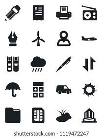 Set of vector isolated black icon - plane vector, calculator, sun, rain, pond, navigation, umbrella, radio, sim, folder, data exchange, ink pen, printer, pencil, book, restaurant receipt, windmill