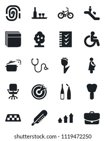Set of vector isolated black icon - taxi vector, escalator, disabled, office chair, stethoscope, thermometer, ampoule, bike, implant, pregnancy, tulip, blank box, checklist, fruit tree, alcohol