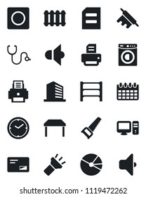 Set of vector isolated black icon - office building vector, document, calendar, printer, saw, stethoscope, rack, speaker, mail, record, torch, clock, pie graph, table, washer, rolling pin, pc, sound