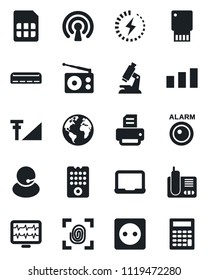 Set of vector isolated black icon - notebook pc vector, printer, monitor pulse, microscope, earth, support, sorting, radio, phone, sim, cellular signal, charge, air conditioner, socket, fingerprint