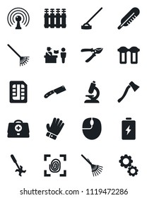 Set of vector isolated black icon - passport control vector, mouse, rake, pruner, glove, hoe, axe, ripper, doctor case, thermometer, microscope, antenna, sim, knife, fingerprint, water filter, gear