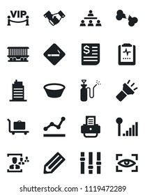 Set of vector isolated black icon - baggage trolley vector, smoking place, handshake, pencil, printer, garden sprayer, broken bone, pulse clipboard, railroad, receipt, settings, torch, hr, hierarchy