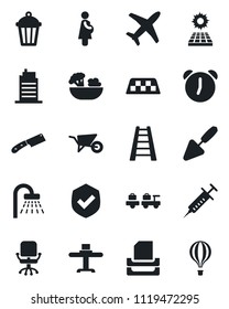 Set of vector isolated black icon - taxi vector, shower, baggage larry, office chair, trowel, ladder, wheelbarrow, garden light, syringe, pregnancy, plane, shield, alarm, paper tray, sun panel