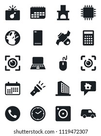 Set of vector isolated black icon - phone vector, bomb in case, office building, mouse, notebook pc, fireplace, satellite, term, back, mobile camera, torch, eye id, clock, chip, scan, home message