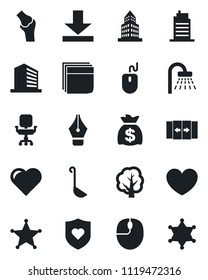 Set of vector isolated black icon - automatic door vector, shower, office building, mouse, money bag, tree, heart, shield, joint, download, ink pen, chair, blank box, city house, ladle, police