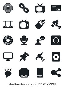 Set of vector isolated black icon - brainstorm vector, film frame, vinyl, satellite, tv, microphone, cell phone, speaker, monitor, chain, paper pin, mail, rca, hdmi, record, social media