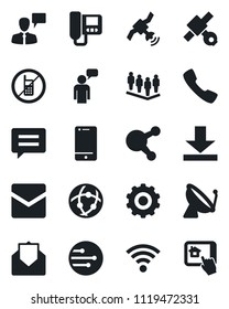 Set of vector isolated black icon - satellite antenna vector, no mobile, speaking man, gear, team, cell phone, share, mail, call, message, network, download, wireless, intercome, home control app