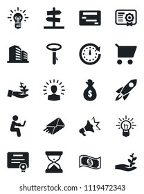 Set of vector isolated black icon - palm sproute vector, shining head, rocket, money bag, clock, idea, cart, cash, schedule, certificate, mail, advertising, man with notebook, tie, office building