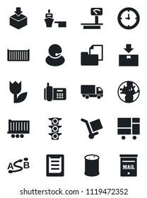 Set of vector isolated black icon - earth vector, traffic light, office phone, support, truck trailer, cargo container, car delivery, clock, sea port, consolidated, clipboard, folder document, tulip