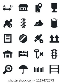 Set of vector isolated black icon - store vector, satellite, traffic light, mobile tracking, sea shipping, clipboard, fragile, umbrella, up side sign, no hook, warehouse, shield, oil barrel, barcode