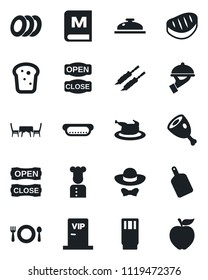 Set of vector isolated black icon - cook vector, cafe, menu, reception, drink, plates, waiter, bread, table, vip zone, dress code, open close, chicken, steak, kebab, ham, hot dog, cutting board