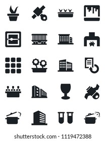 Set of vector isolated black icon - office building vector, document reload, seedling, blood test vial, railroad, satellite, fragile, menu, scanner, meeting, fireplace, flower in pot, steaming pan