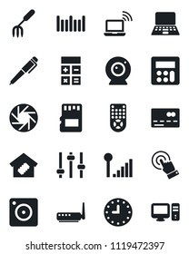 Set of vector isolated black icon - credit card vector, wireless notebook, calculator, pc, garden fork, clock, barcode, remote control, touch screen, mobile camera, tuning, sd, cellular signal, pen