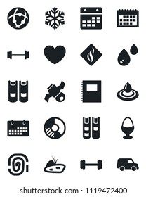 Set of vector isolated black icon - book vector, circle chart, heart, barbell, satellite, network, calendar, copybook, pond, egg stand, snowflake, water, smoke detector, fingerprint, car