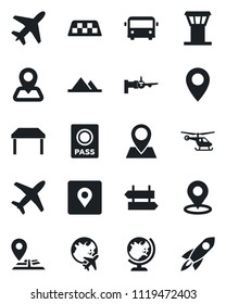 Set of vector isolated black icon - plane vector, airport tower, taxi, bus, signpost, passport, globe, boarding, helicopter, navigation, pin, place tag, mountains, table, rocket