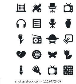 Set of vector isolated black icon - tie vector, stamp, butterfly, real heart, satellite, tulip, radio, tv, headphones, cut, abacus, office chair, dress code, ham, chip