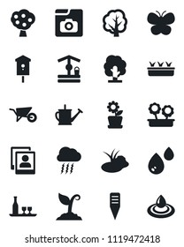 Set of vector isolated black icon - storm cloud vector, tree, watering can, wheelbarrow, sproute, butterfly, seedling, well, plant label, pond, bird house, photo gallery, fruit, flower in pot, water
