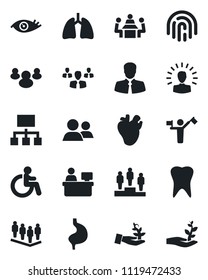 Set of vector isolated black icon - dispatcher vector, disabled, pedestal, team, manager place, stomach, lungs, real heart, tooth, eye, client, group, fingerprint id, meeting, palm sproute