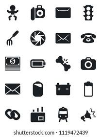 Set of vector isolated black icon - train vector, baby, mail, garden fork, broken bone, traffic light, camera, chain, battery, mobile, phone, cash, advertising