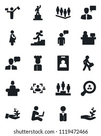 Set of vector isolated black icon - dispatcher vector, reception, speaking man, pedestal, team, manager place, pregnancy, speaker, identity card, hr, career ladder, client search, waiter, cook
