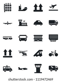Set of vector isolated black icon - airport tower vector, departure, bus, ladder car, plane, helicopter, seat map, building, ambulance, bike, railroad, sea shipping, truck trailer, delivery, moving