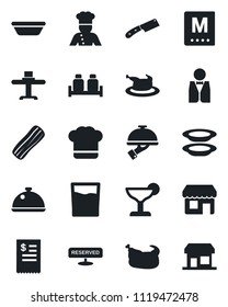 Set of vector isolated black icon - waiter vector, cook, dish, restaurant table, hat, menu, reserved, drink, cocktail, plates, bacon, salt and pepper, receipt, chicken, bowl, knife, storefront
