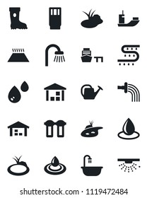 Set of vector isolated black icon - watering can vector, boot, water drop, pond, drip irrigation, sea shipping, port, warehouse, bathroom, drink, filter, warm floor, sprinkler